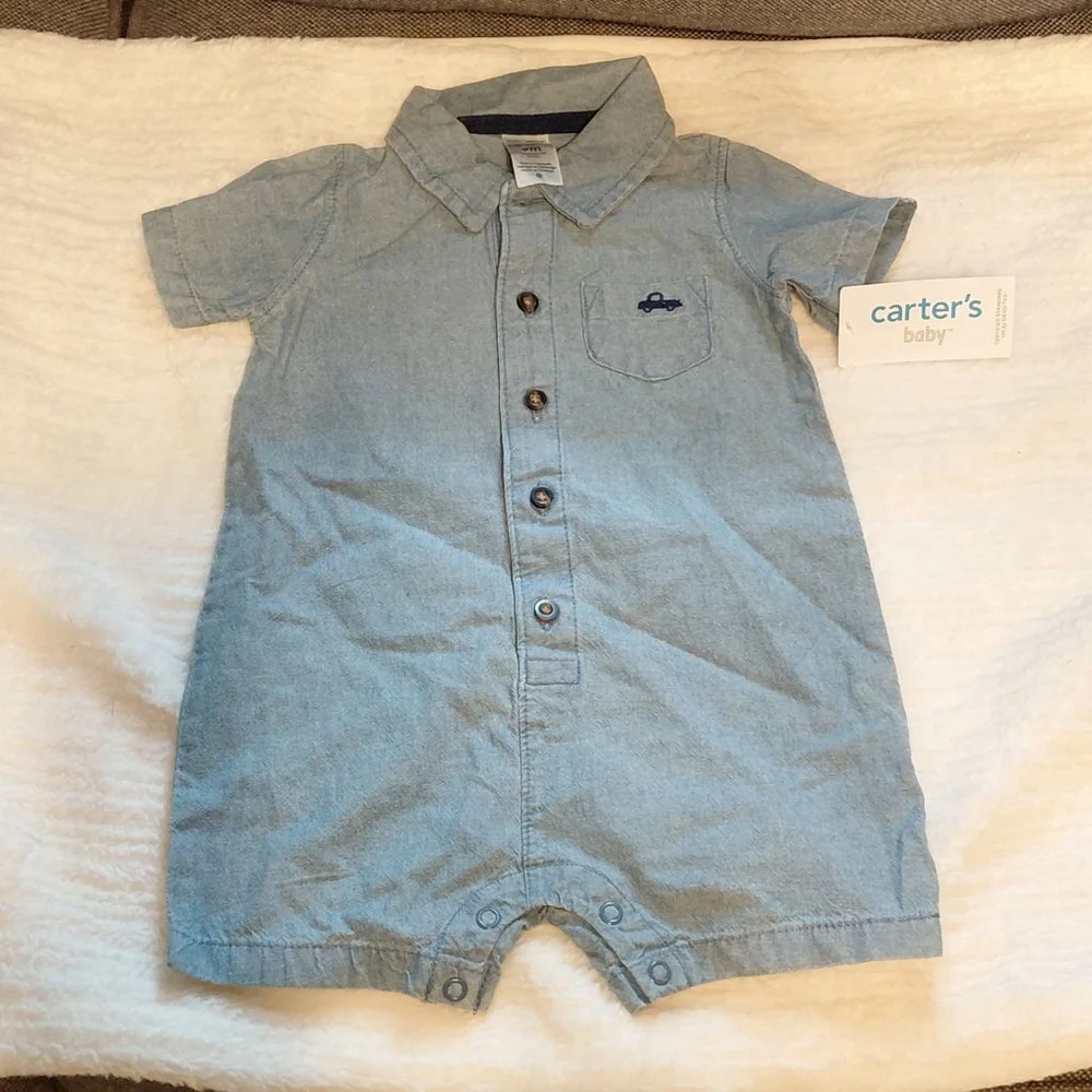 Baby Boy Carter's Light Blue Bodysuit Romper 9 Months with Navy Car